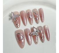 Hecho a mano de uñas postizas largas MouyouGlow,Almendra rubor rosa 3D diamante mariposa gato ojo magnético geométrico Y2K coqueta resutable prensa en uñas, 10 piezas 407-S