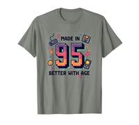 Hecho en 95 Better with Age Birthday Gift Retro Gaming Camiseta, Hombre, Verde Militar Jaspeado, XL