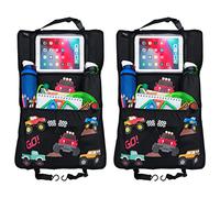 HECKBO 2x Organizador infantil para respaldo de asiento de coche con bolsillo ajustable para tablet - Monster Truck - 70x45 cm + portabebidas + red de almacenamiento