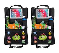 HECKBO 2xOrganizador para Asiento Trasero de Coche con Bolsillo Ajustable para tabletas de hasta 20" con lámina táctil Dibujos de Monstruos Universal, Bolsillo térmico + Bolsillo con Malla elástica