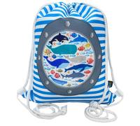 HECKBO Bolsa de gimnasio para niñas y niños, motivo de pez con ojo de buey que incluye ventana de plástico, 33 x 26 cm, guardería, cuna, mochila, bolsa deportiva