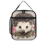 Hedgehog in Floral Wreath Lunch Bag for Adults - Reusable Insulated Lunchbox, Leakproof Small Lunch Box Tote for Men & Women, Portable Food Cooler Bag for Work, Office, Picnics