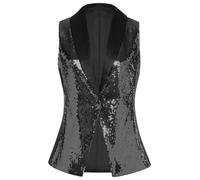 Hedmy Chaleco sin mangas de lentejuelas brillantes para damas con cuello en V para fiestas y banquetes Negro XXL