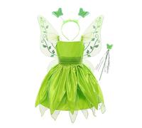 Hedmy Disfraz Campanilla Vestido de Hada Verde con Alas de Mariposa Varita Mágica para Niñas Disfraz de Princesa Elfa para Cosplay 2-10 Años A Verde 7-8 años