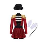 Hedmy Disfraz de Maestro de Anillos de Lujo para Niñas Disfraz Majorette de Tambor Maillot Circo con Borlas+Sombrero+Guantes+Varita Mágica Disfraz de Mago Circo 5-16 Años Rojo 13-14 años