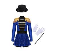 Hedmy Disfraz de Maestro de Anillos de Lujo para Niñas Disfraz Majorette de Tambor Maillot Circo con Borlas+Sombrero+Guantes+Varita Mágica Disfraz de Mago Circo 5-16 Años Azul 7-8 años