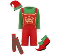 Hedmy Disfraz Duende de Navidad para Niños Traje de Cosplay con Mono de Peto y Gorro de Elfo y Calcetines Largos a Rayas y Zapatos Disfraz Ayudante de Papá Noel 3-14 Años Rojo Verde 3-4 años