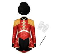Hedmy Disfraz Mago de Circo para Niñas Maillot de Majorette Baterista con Lentejuelas y Borlas Disfraz Domadora de Leones con Sombrero+Guantes+Varita Mágica 5-16 Años Rojo 7-8 años