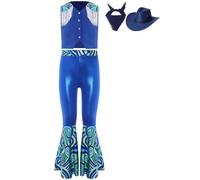Hedmy Disfraz Vaquero Niños Costume Cowboy con Sombrero Pañuelo y Chaleco y Pantalones Brillantes de Campana con Estampado Disfraz de Disco Style 5-16 Años Azul real 13-14 años