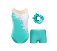 Hedmy Maillot Brillante de Danza para Niñas Body sin Mangas con Leggings Cortos y Diadema Traje de Gimnasia Deportiva Disfraz de Bailarina Azul verde 3-4 años