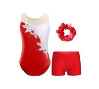 Hedmy Maillot Brillante de Danza para Niñas Body sin Mangas con Leggings Cortos y Diadema Traje de Gimnasia Deportiva Disfraz de Bailarina Rojo 11-12 años