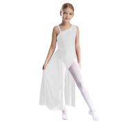 Hedmy Maillot Leotardo de Gimnasia Rítmica con Tul Flotante para Niña Vestido de Danza Contemporánea sin Mangas con Pedrería Brillante Disfraz de Bailarina 5-16 Años Blanco 13-14 años