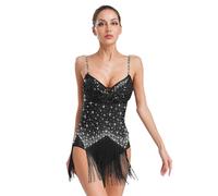 Hedmy Maillot Tirante de Baile Latino para Mujer sin Espalada con Lentejuelas Brillantes Vestido Flecos para Bailar Tango Rumba Samba Cha-cha S-XXL Negro XXL