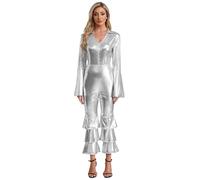 Hedmy Mujer Disfraz Años 70 Estilo Disco Mono de Reina Bailarina Metálica de Acampanado Largo con Cuello en V Disfraz Mamma Mia de Discoteca Festival Musical Carnaval S-4XL Plateado L