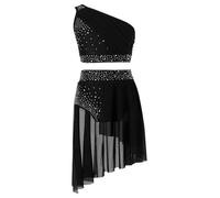 Hedmy Traje de Baile Competición Niñas de Pedrería Brillante Maillot con Falda Gimnasia Rítmica y Crop Top de Danza Patinaje Vestido de Danza Contemporánea y Lírica Negro 15-16 años