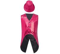 Hedmy Traje de Baile Jazz para Niñas con Lentejuelas Chaleco Esmoquin y Sombrero Chaleco Disfraz de Bailes Actuaciones Festivales Rosa caliente 9-10 años