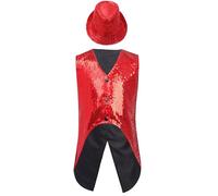 Hedmy Traje de Baile Jazz para Niñas con Lentejuelas Chaleco Esmoquin y Sombrero Chaleco Disfraz de Bailes Actuaciones Festivales Rojo 15-16 años