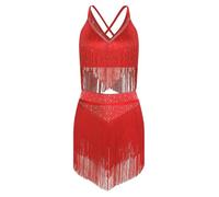 Hedmy Traje de Baile Latino Salsa para Mujer con Flecos y Brillantes Crop Top de Tirantes y Falda Danza de Borlas para Latín Tango Cha-Cha Rumba Rojo S