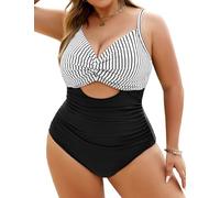 heekpek Bañador Mujer Talla Grande Bañadores Mujer Reductores Cuello en V Trajes de Baño Una Pieza Vientre Plano Bañadores Vintage Bañador Push Up con Relleno, Raya Blanca y Negra, L