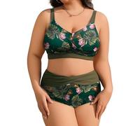 heekpek Bañadores Mujer Tallas Grandes Dos Piezas Push Up Cuello V Bikini Mujer Talla Grande Estampado Talle Alto Bañador Reductor Mujer Vientre Plano, Floral Verde, XXL
