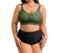 heekpek Bañadores Mujer Tallas Grandes Dos Piezas Push Up Cuello V Bikini Mujer Talla Grande Estampado Talle Alto Bañador Reductor Vientre Plano, Verde Negro, 4XL