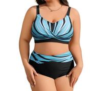 heekpek Bañadores Mujer Tallas Grandes Dos Piezas Push Up Cuello V Bikini Mujer Talla Grande Estampado Talle Alto Bañador Reductor Mujer Vientre Plano, Azul-Negro, XL