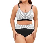 heekpek Bañadores Mujer Tallas Grandes Dos Piezas Push Up Cuello V Bikini Mujer Talla Grande Estampado Talle Alto Bañador Reductor Mujer Vientre Plano, Rayas Negras y Blancas, 4XL
