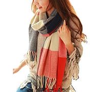 heekpek Bufanda Mujer Invierno Otoño Tartan Bufanda Caliente Suave Larga Bufanda Cachemira Mujer con Borlas, Rojo+Azul