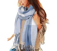 heekpek Bufanda Mujer Invierno Otoño Tartan Bufanda Caliente Suave Larga Bufanda Cachemira Mujer con Borlas, Azul y blanco