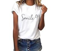heekpek Camiseta Manga Corta Mujer Blanca Basicas T-Shirt Mujer Algodon Casual Cuello Redondo Camiseta de Verano con Estampado, Sonreír, XL
