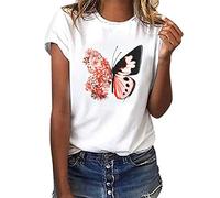 heekpek Camiseta Manga Corta Mujer Blanca Basicas T-Shirt Mujer Algodon Casual Cuello Redondo Camiseta de Verano con Estampado, Mariposa, M
