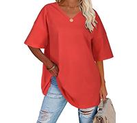 heekpek Camiseta Manga Corta Mujer Talla Grande Verano Cuello en V Holgada Algodon T-Shirt Mujer Casual Básica Camiseta de Mujer, Rojo, S