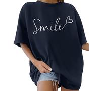 heekpek Camisetas Manga Corta Mujer Talla Grande Algodon Cuello Redondo Estampada Camiseta Mujer Verano Casual Oversize Camisetas T-Shirt Mujer, Azul Marino, L
