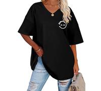heekpek Camisetas Manga Corta Mujer Talla Grande Algodon Cuello V Camiseta Estampada de Verano Oversize Tshirt Mujer, Negro, L