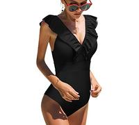 heekpek Conjuntos de Bikinis Traje De Baño Rayas de Una Pieza Bañador para Mujer Push Up Bikini Volante Fruncido V para Saco Tanga De Cintura Baja Adecuado Viajes Playa Swimsuit(2-Negro,XL)