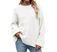heekpek Jersey Mujer Invierno Otoño Cuello Redondo Suave Jersey de Punto Cálido Sweater Mujer de Felpa Jersey Mujer Talla Grande, Blanco, XL
