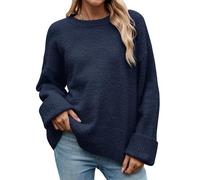 heekpek Jersey Mujer Invierno Otoño Cuello Redondo Suave Jersey de Punto Cálido Sweater Mujer de Felpa Jersey Mujer Talla Grande, Azul Marino, M