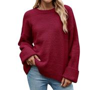 heekpek Jersey Mujer Invierno Otoño Cuello Redondo Suave Jersey de Punto Cálido Sweater Mujer de Felpa Jersey Mujer Talla Grande, Burdeos, S
