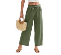 HEEKPEK Pantalon Lino Mujer Verano Casual Cintura Alta Elástico Pantalones Anchos Ligero Cómodos Pantalón 7/16 Flojo Playa Pantalones con Bolsillos Cordón(Verde,XL)