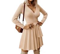 heekpek Vestido Punto Invierno Mujer Elegante Cuello en V Jersey Vestido Manga Larga Sexy A-Line Vestidos Otoño y Cinturón, Caqui, XXL