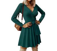 heekpek Vestido Punto Invierno Mujer Elegante Cuello en V Jersey Vestido Manga Larga Sexy A-Line Vestidos Otoño y Cinturón, Verde Oscuro, XL