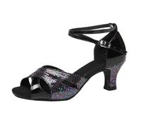 Heels de Danse para mujer, de encaje calado, con purpurina, tacón de 7 cm, suela de goma, zapatos de tacón alto, para mujer, cómodo antideslizante, para práctica de noche, ocio, Q Negro, 42 EU