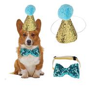 HEEPDD Gato Sombrero, Regalo Navidad Gato Cumpleaños Bandana Sombrero Y Lazo Mariposa con Collar De Lentejuelas Bowknot Traje De Fiesta Regalo De Cumpleaños (Azul)