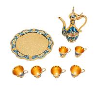 HEEPDD Juego de té Turco Vintage de Aleación de Zinc, Olla de 20 Cm, Tazas de 5 Cm, Bandeja de 24, Juego de de Vino Inspirado en el Castillo, 6 Tazas, Pieza Decorativa para Servir (Conjunto azul