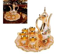 HEEPDD Juego de té Turco Vintage de Aleación de Zinc, Olla de 20 Cm, Tazas de 5 Cm, Bandeja de 24, Juego de de Vino Inspirado en el Castillo, 6 Tazas, Pieza Decorativa para Servir (Conjunto Oro
