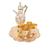 HEEPDD Juego de té Vintage, Juego de Cafetera Turca de Aleación de Zinc con Bandeja, 6 Tazas para café, té y Vino para Fiestas de Boda en el Hogar (oro blanco)