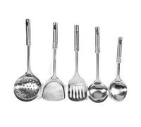 HEEPDD Juego de Utensilios de Cocina de Acero Inoxidable de 5 Piezas, Cuchara, Cuchara para Sopa, Colador, Pala Plana, Espátula, Herramientas de Cocina con Diseño de Orificio para