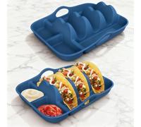 HEEPDD Platos de Silicona para Tacos con Divisor, Soporte Reutilizable de Primera Calidad para Tacos, Apto para Lavavajillas, con Marco Reforzado de Metal para, Nachos, Bandeja para (azul oscuro)