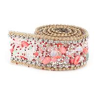 HEEPDD Rollo de Cadena de Diamantes de Imitación de 2,5 Cm X 50 Cm, Cinta de Malla de Cristal Brillante para Vestido de Novia, Zapatos, Tocado, Collar, (Piedra roja + cuentas de oro y cadena de)