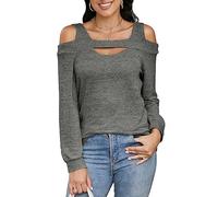 Heersan Camiseta Mujer Manga Larga Camisa Hombros Descubiertos Pullover Túnica Escote Cuadrado Top de Punto Otoño Nueva Llega